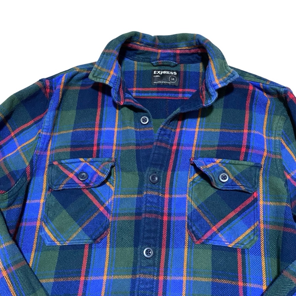 Express Flannel Plaid Pocket Button Up Long Sleeve Cotton Shirt Cabin Grunge - Picture 3 of 8